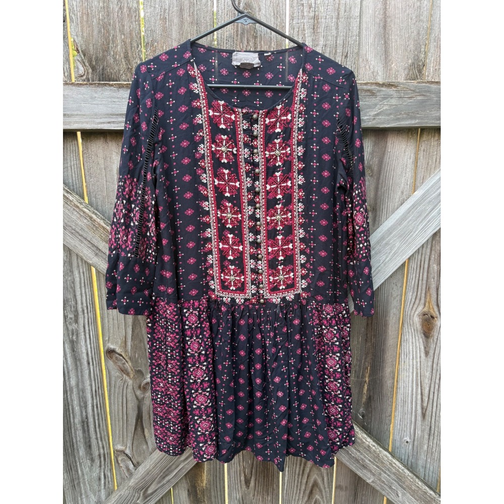 Vanessa Virginia‎ Anthropologie Boho Embroidered Beaded Mini Dress Navy Pink S